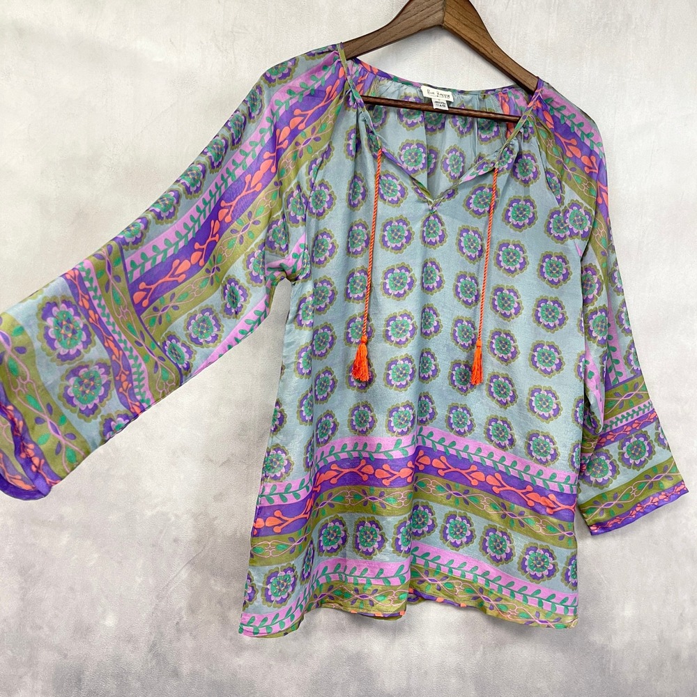 Natural Life Live Happy Boho Floral Tassel Peasant Top Women Small Flowy Indie - Picture 2 of 13